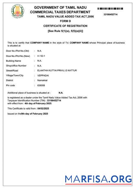 Printable India Tamil Nadu VAT registration certificate Word and PDF template